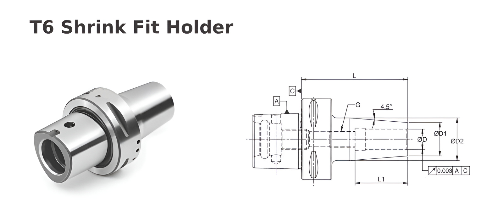 Polygonal Shank T6 SFH03 080 Shrink Fit Holder (Balanced to G2.5 25000 RPM) (ISO 26623-1) (Compatible with Capto® Style C6)